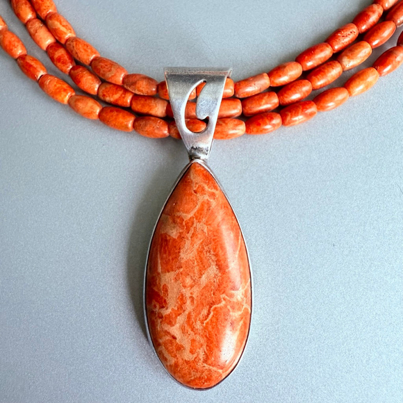 Jay King Southwestern Red Sponge Coral DTR Sterling Silver 925 Pendant Necklace - Picture 1 of 9